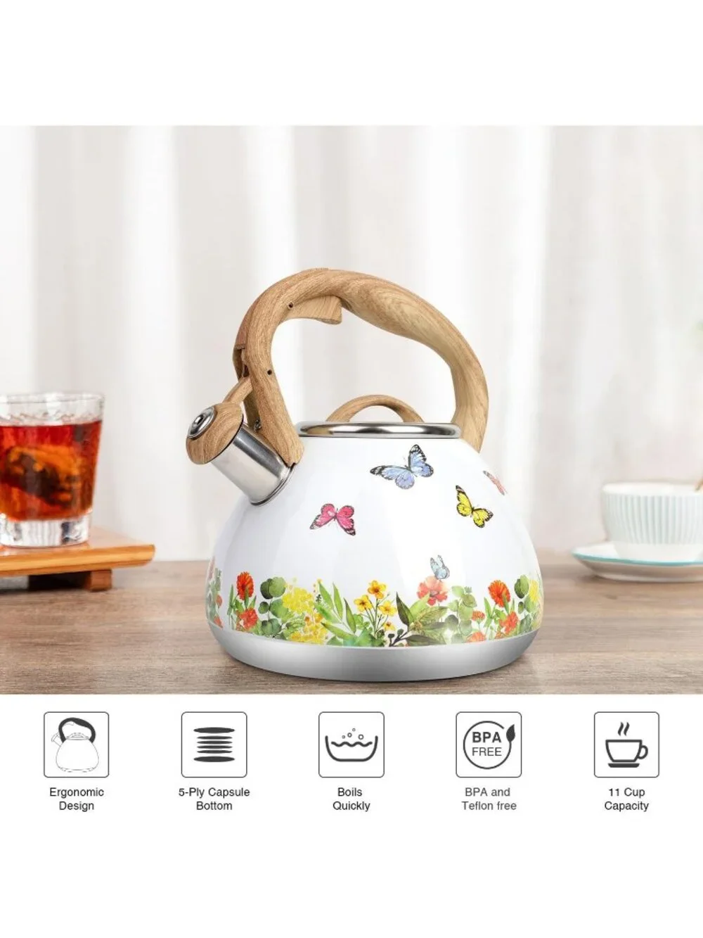 Butterfly Kitchen Whistling Teakettle 2.7QT Stainless Steel Diamond Design Pot